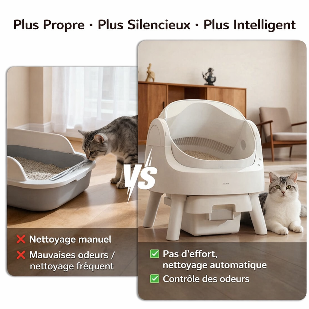 Automatische Katzentoilette – Vernetzte, selbstreinigende Katzentoilette, geräuscharmes Design